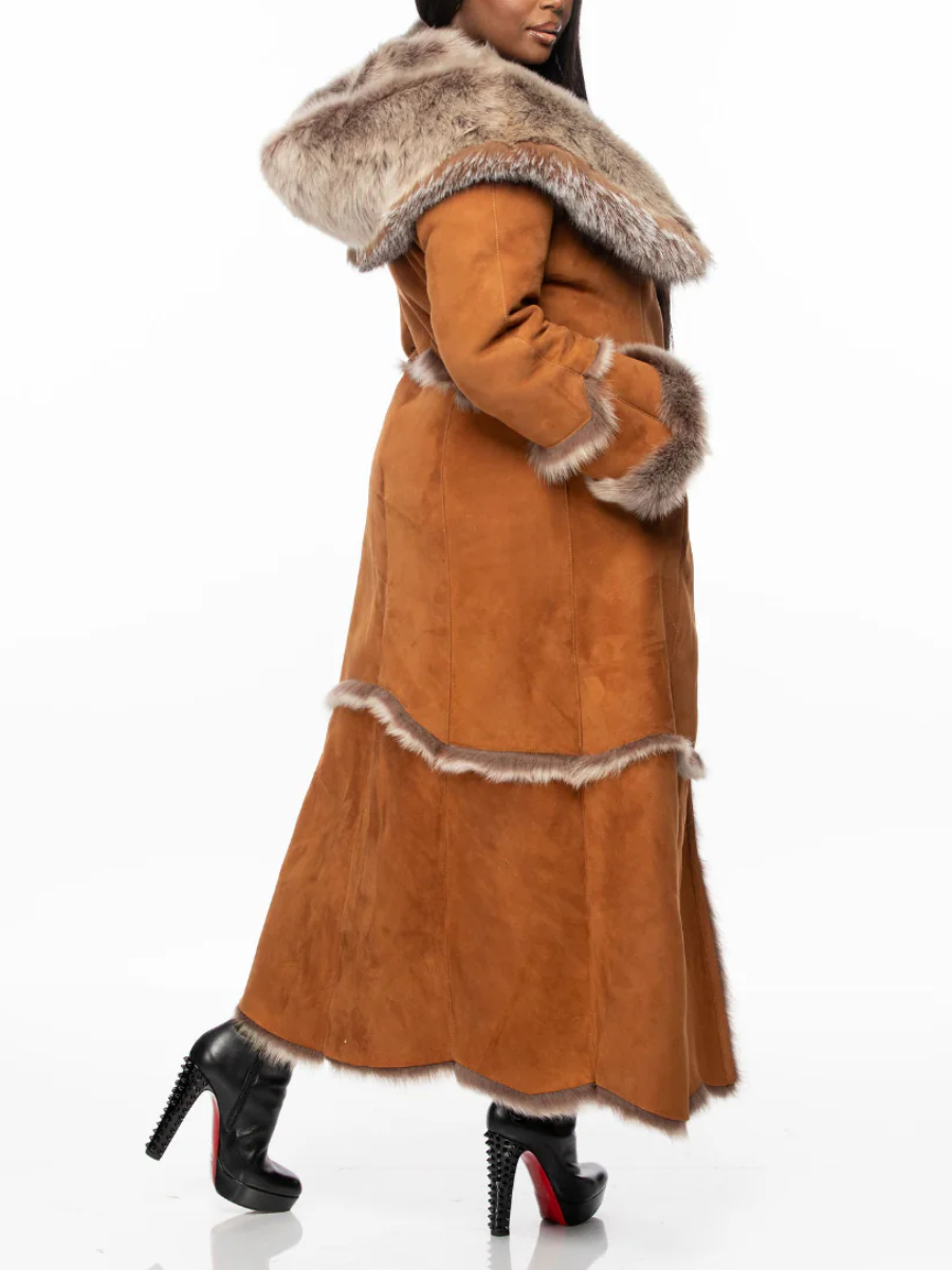 Caramel Suede Long Coat With Oversized Faux Fur Hood Trim | US Free Shipping