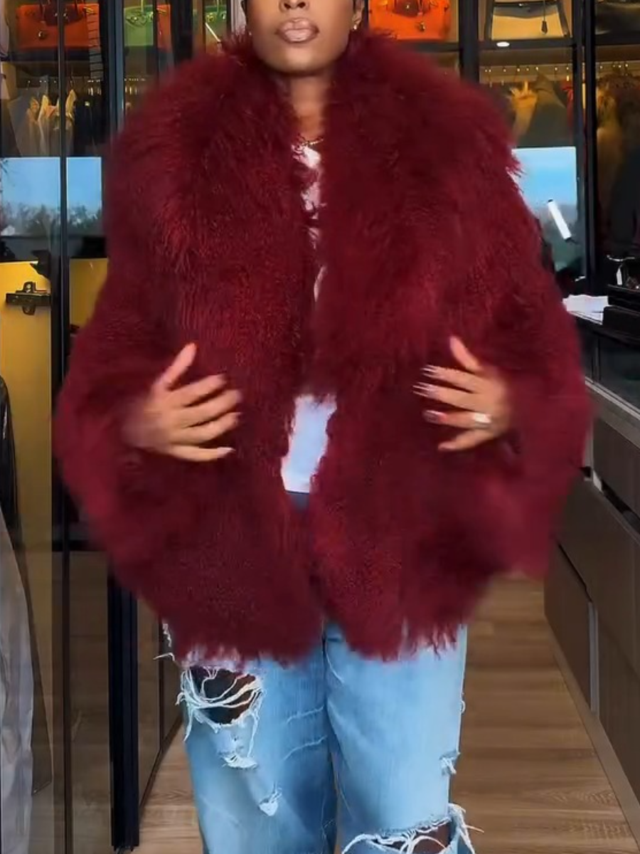 Burgundy Oversized Fluffy Shearling Coat
