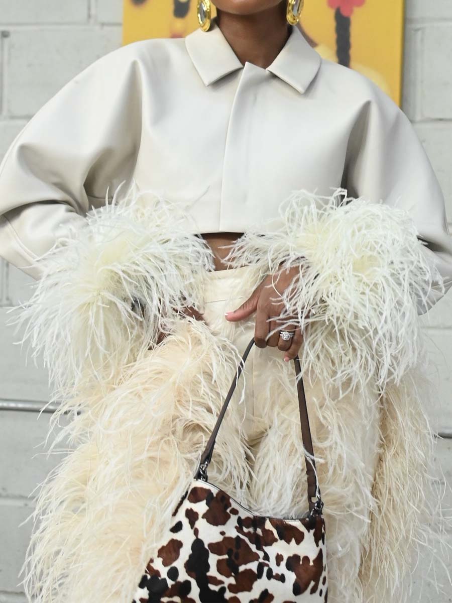 Feather-Trim Cropped Blazer & High-Waist Pants Set