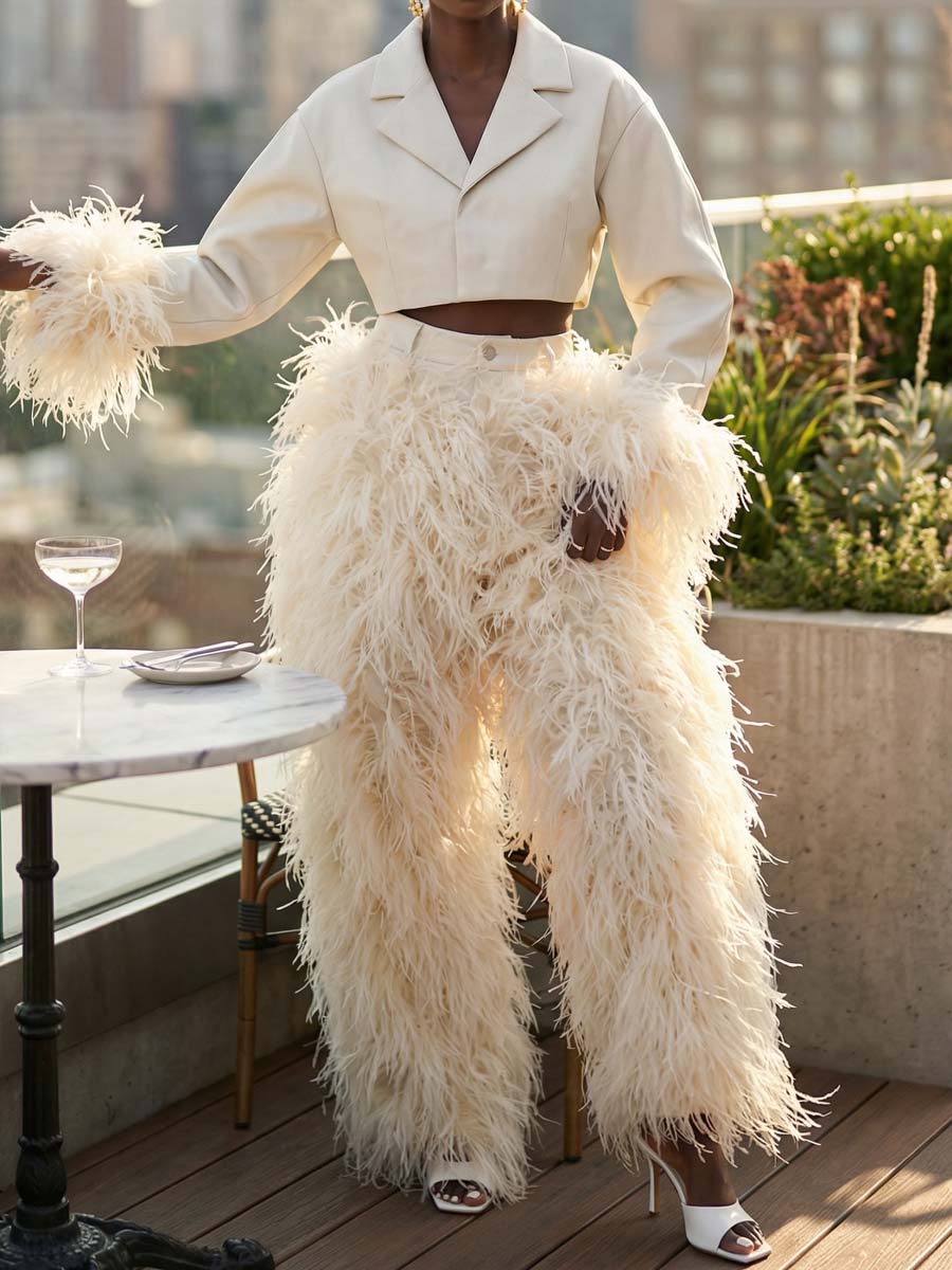 Feather-Trim Cropped Blazer & High-Waist Pants Set