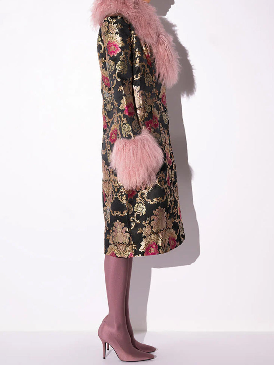 Detachable Faux Fur Patchwork Floral Print Coat