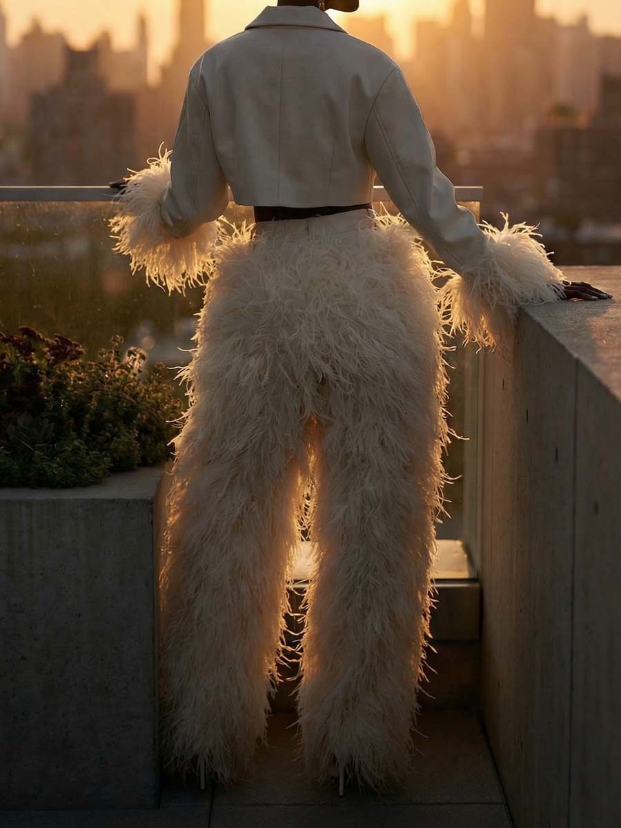 Feather-Trim Cropped Blazer & High-Waist Pants Set