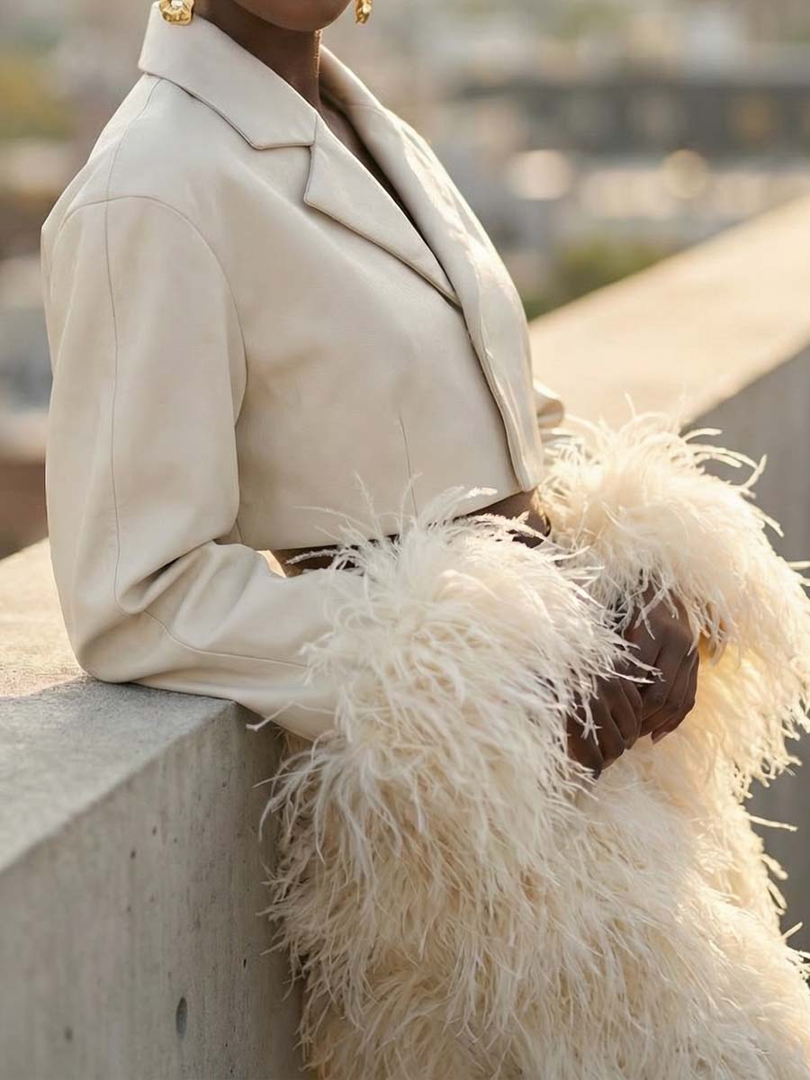 Feather-Trim Cropped Blazer & High-Waist Pants Set