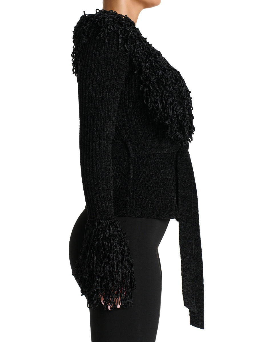 Fringe Tie Waist Deep V Neck Cardigan