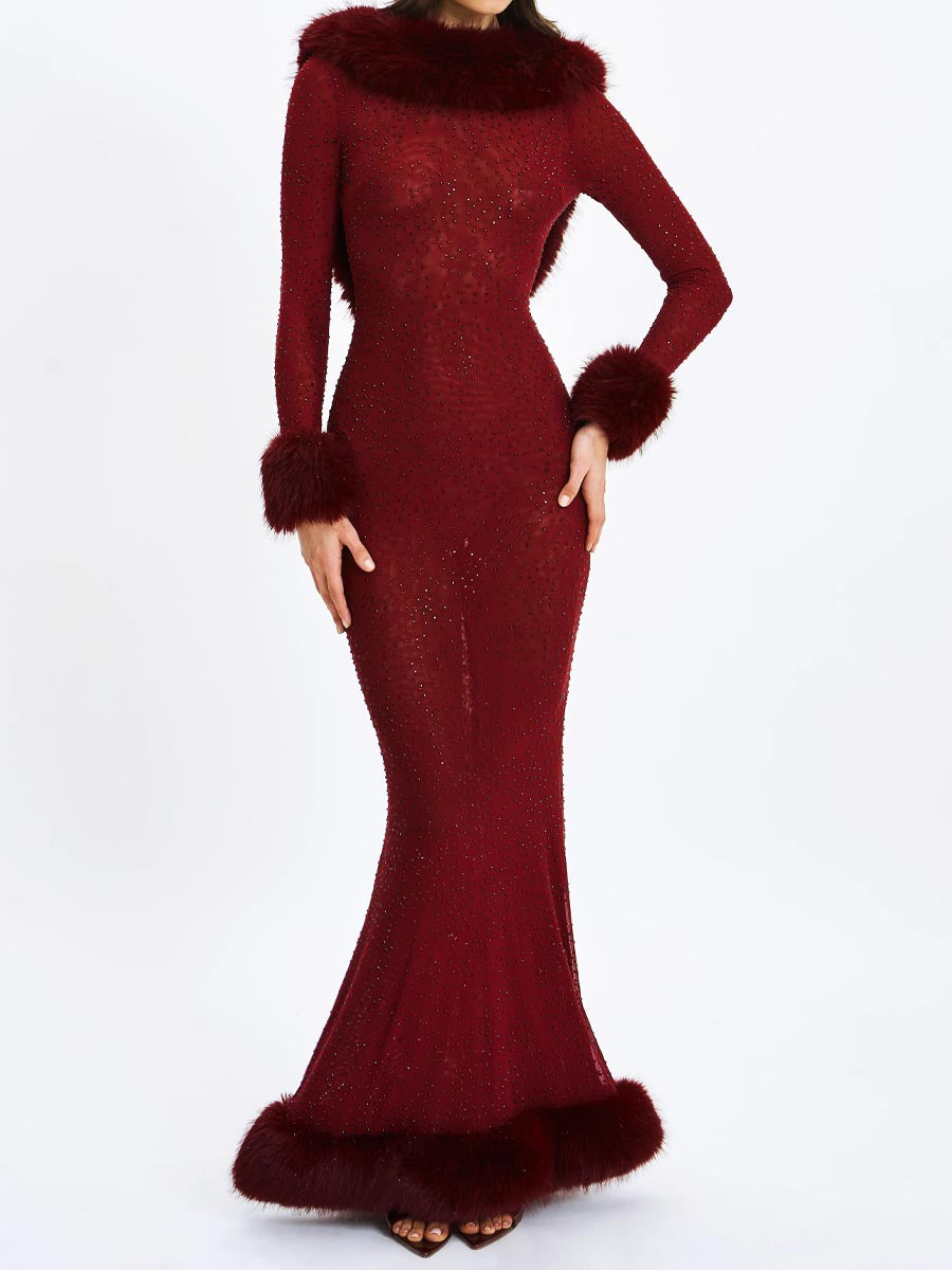 Fur-trimmed Backless Shinny Party Maxi Dress