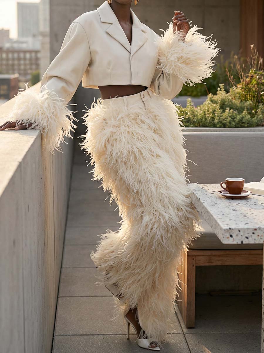 Feather-Trim Cropped Blazer & High-Waist Pants Set