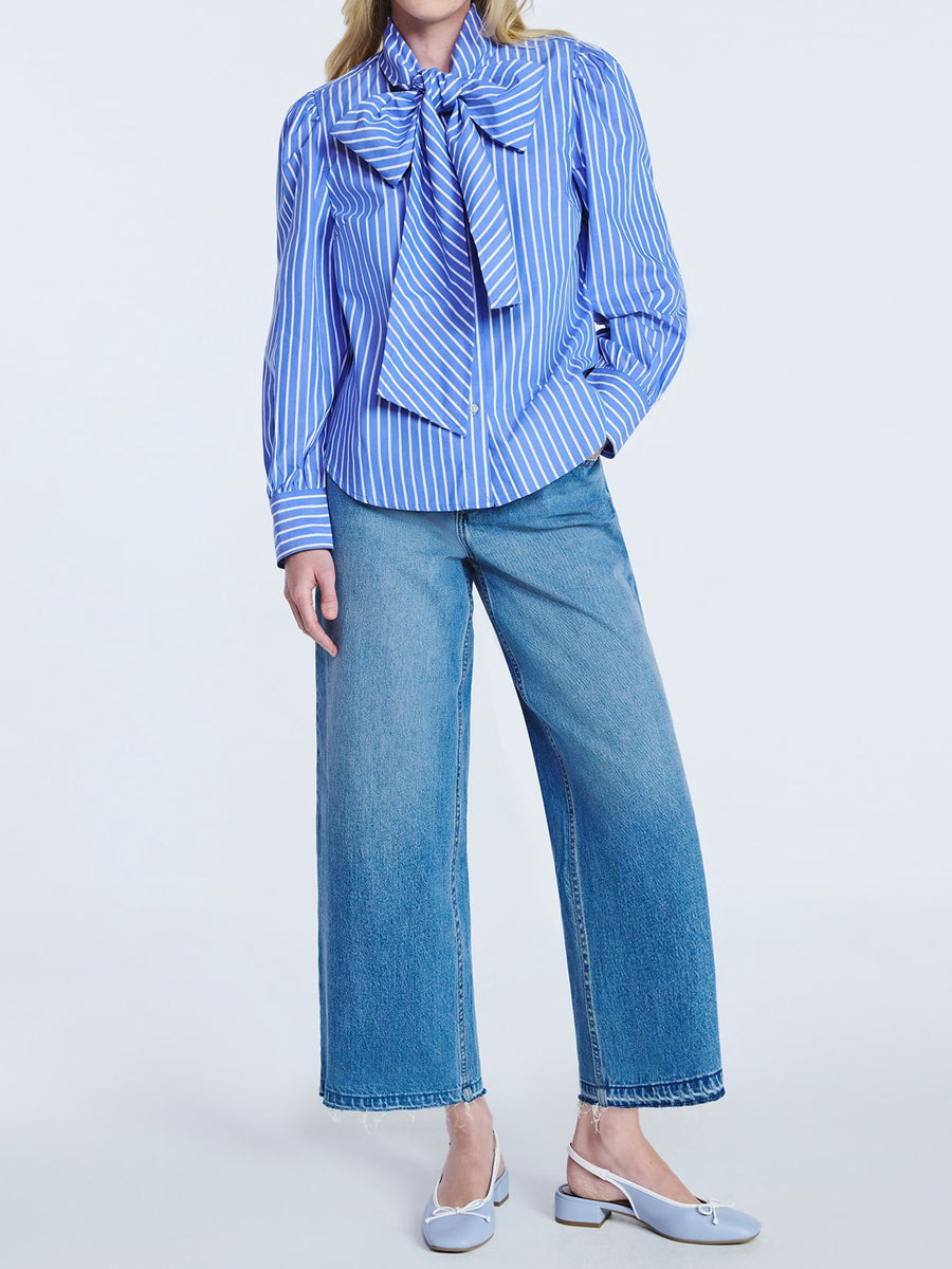 Tie Neck Puff Sleeves Striped Print Blouse