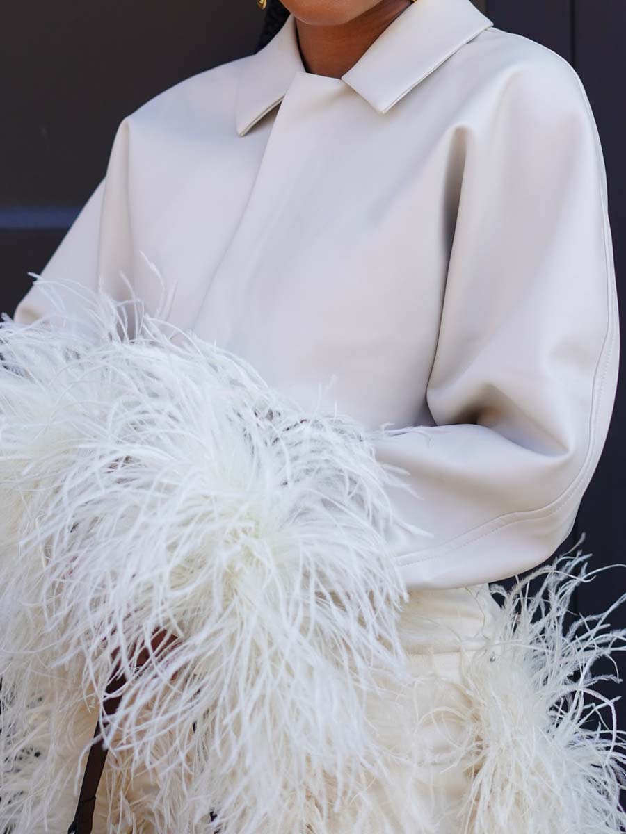 Feather-Trim Cropped Blazer & High-Waist Pants Set