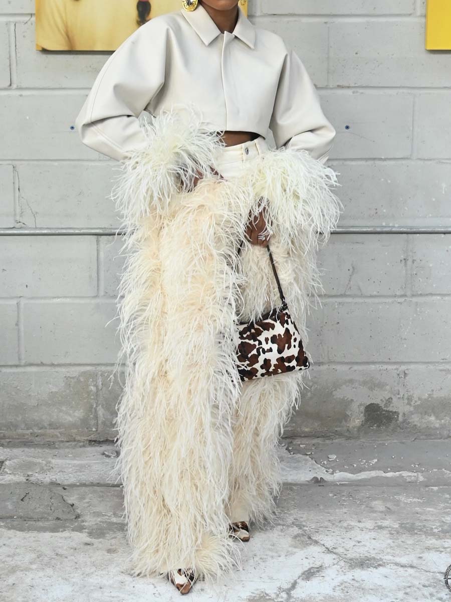 Feather-Trim Cropped Blazer & High-Waist Pants Set