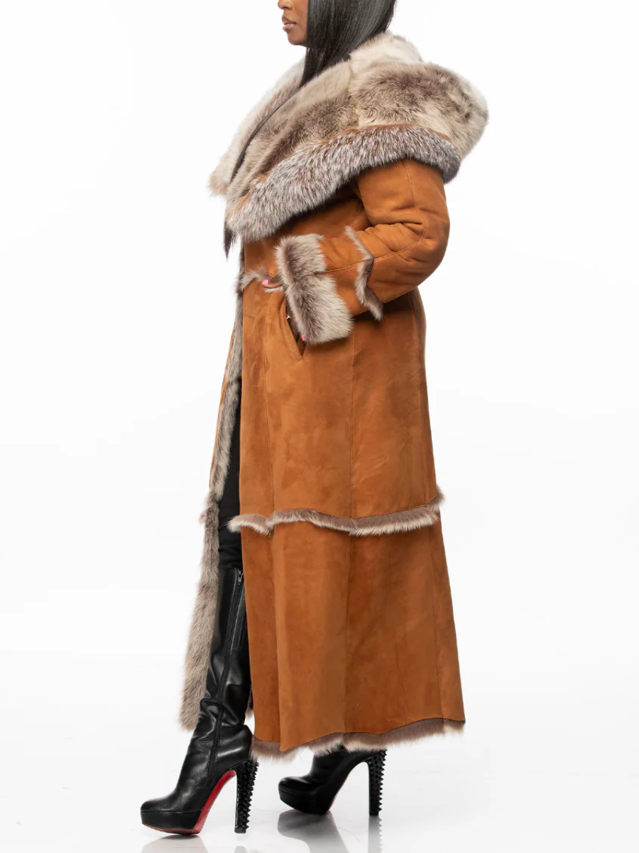 Caramel Suede Long Coat With Oversized Faux Fur Hood Trim | US Free Shipping