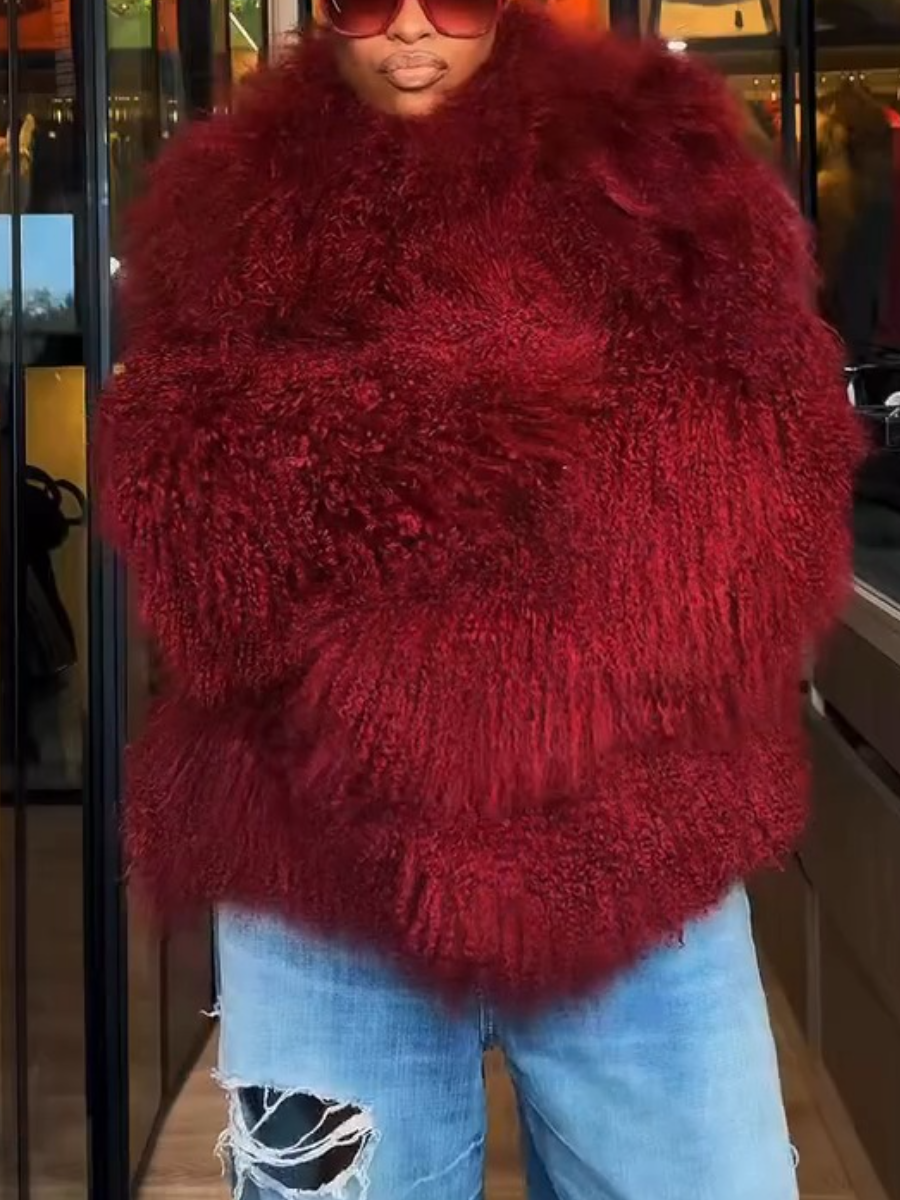 Burgundy Oversized Fluffy Shearling Coat