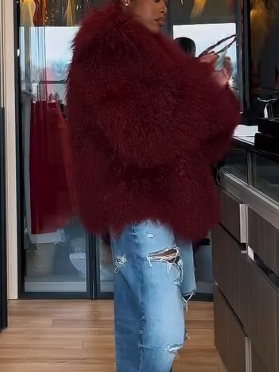 Burgundy Oversized Fluffy Shearling Coat