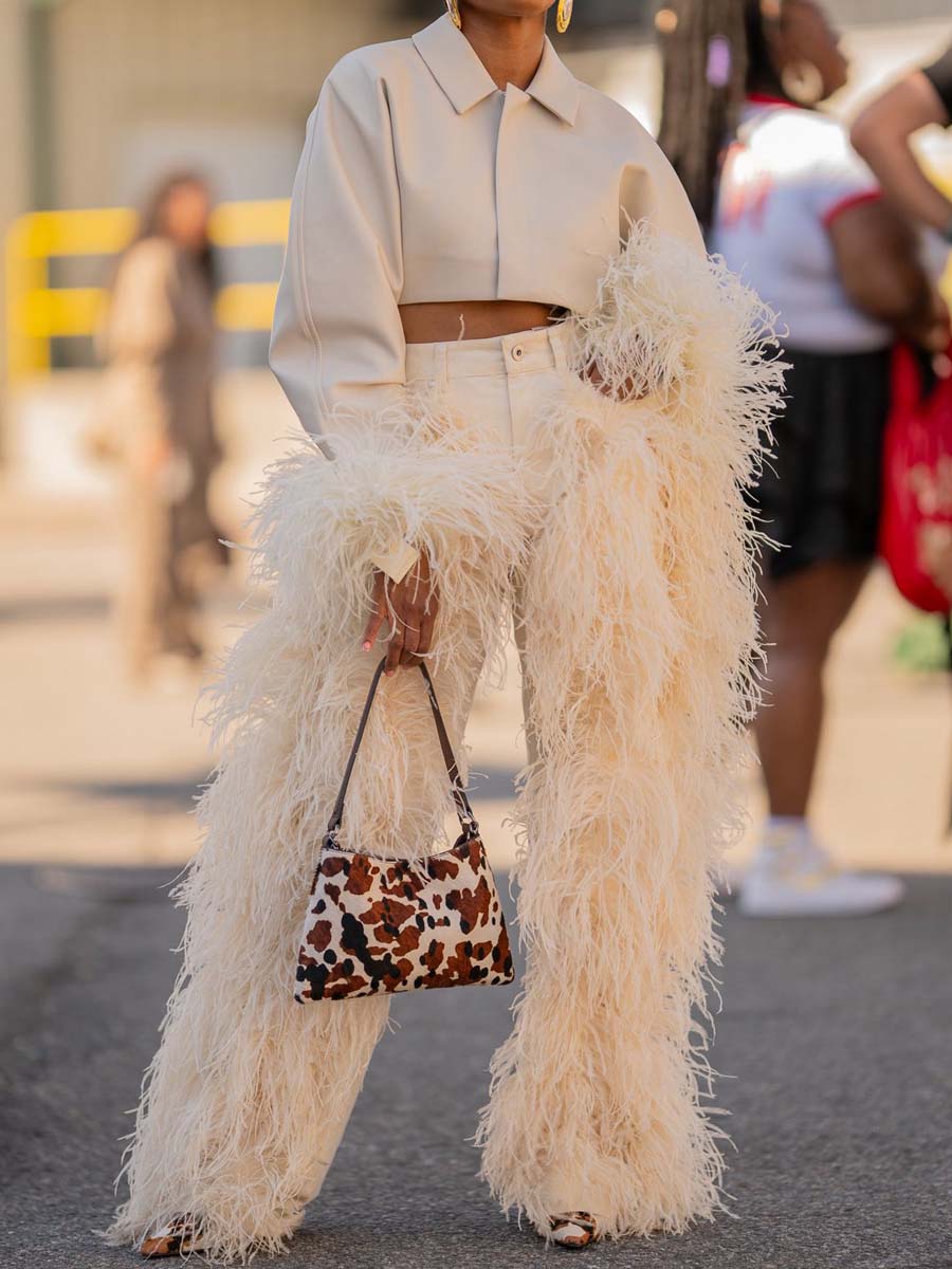 Feather-Trim Cropped Blazer & High-Waist Pants Set