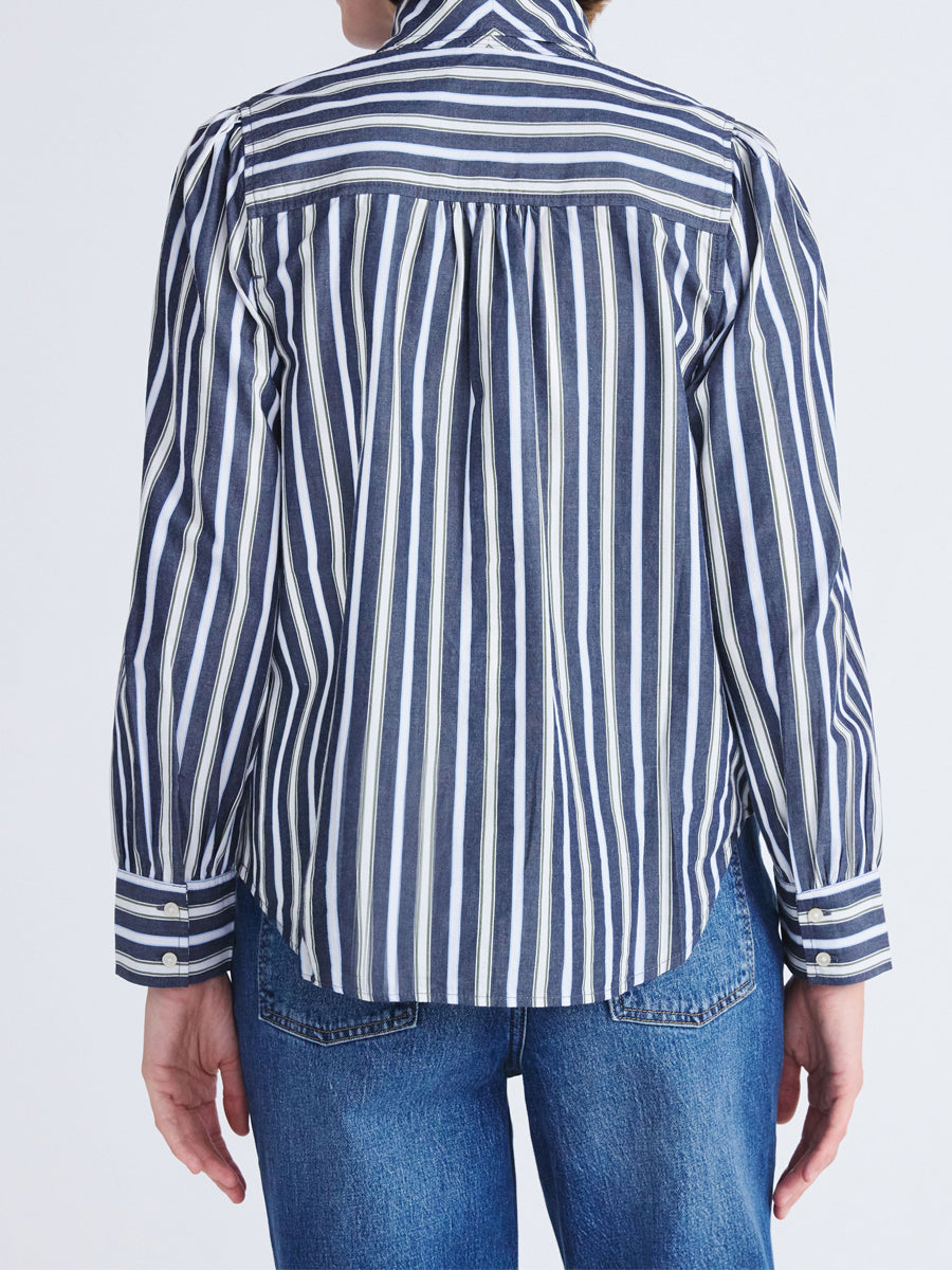 Tie Neck Puff Sleeves Striped Print Blouse