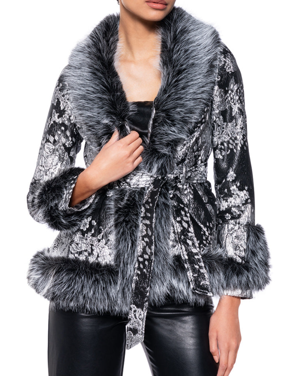 Faux Fur Trim Metallic Floral Coat