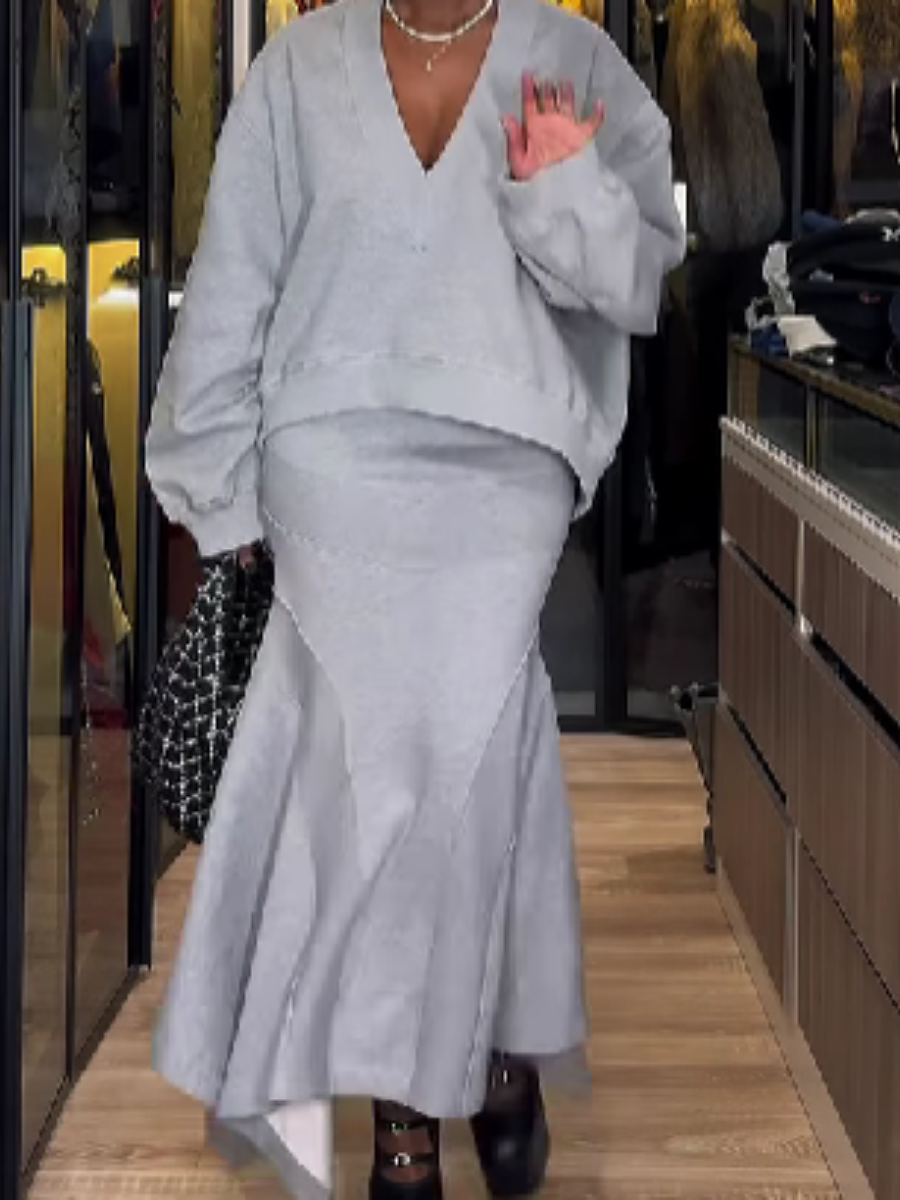 Solid Color V-Neck Top Hip Skirt Set