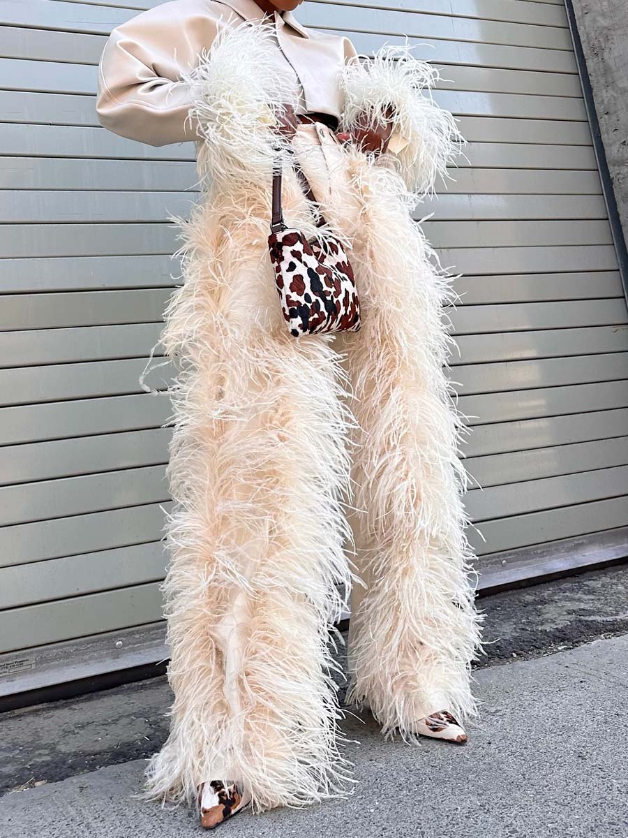 Feather-Trim Cropped Blazer & High-Waist Pants Set