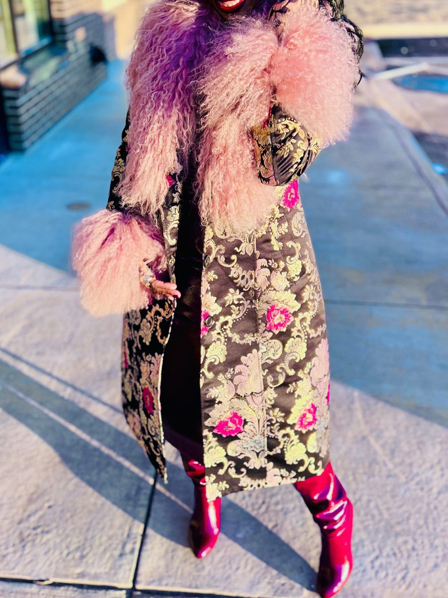 Detachable Faux Fur Patchwork Floral Print Coat