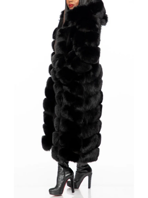 Black Oversized Hooded Long Fox Fur Coat | US Free Shipping