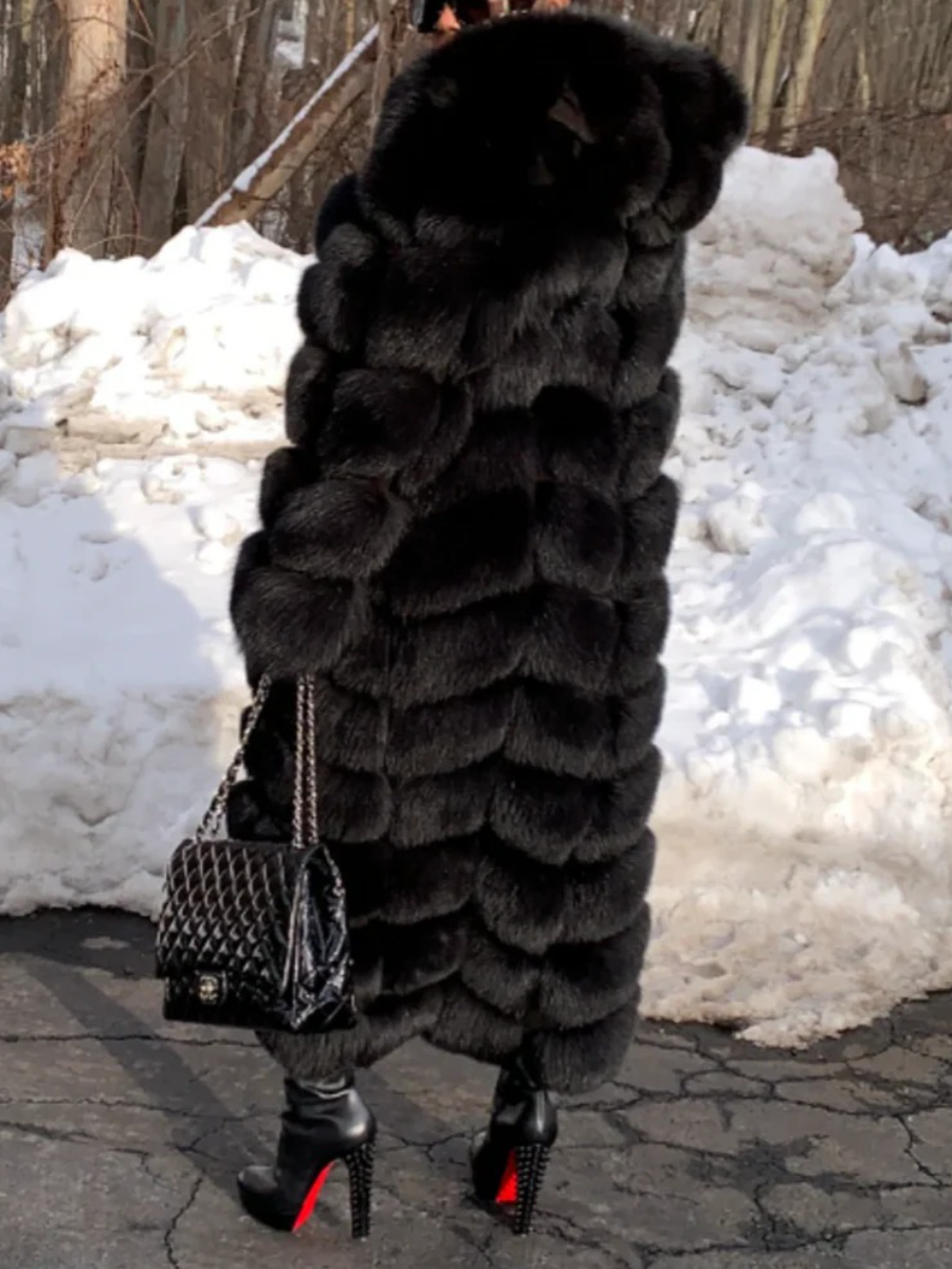 Black Oversized Hooded Long Fox Fur Coat | US Free Shipping
