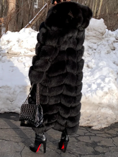 Black Oversized Hooded Long Fox Fur Coat | US Free Shipping