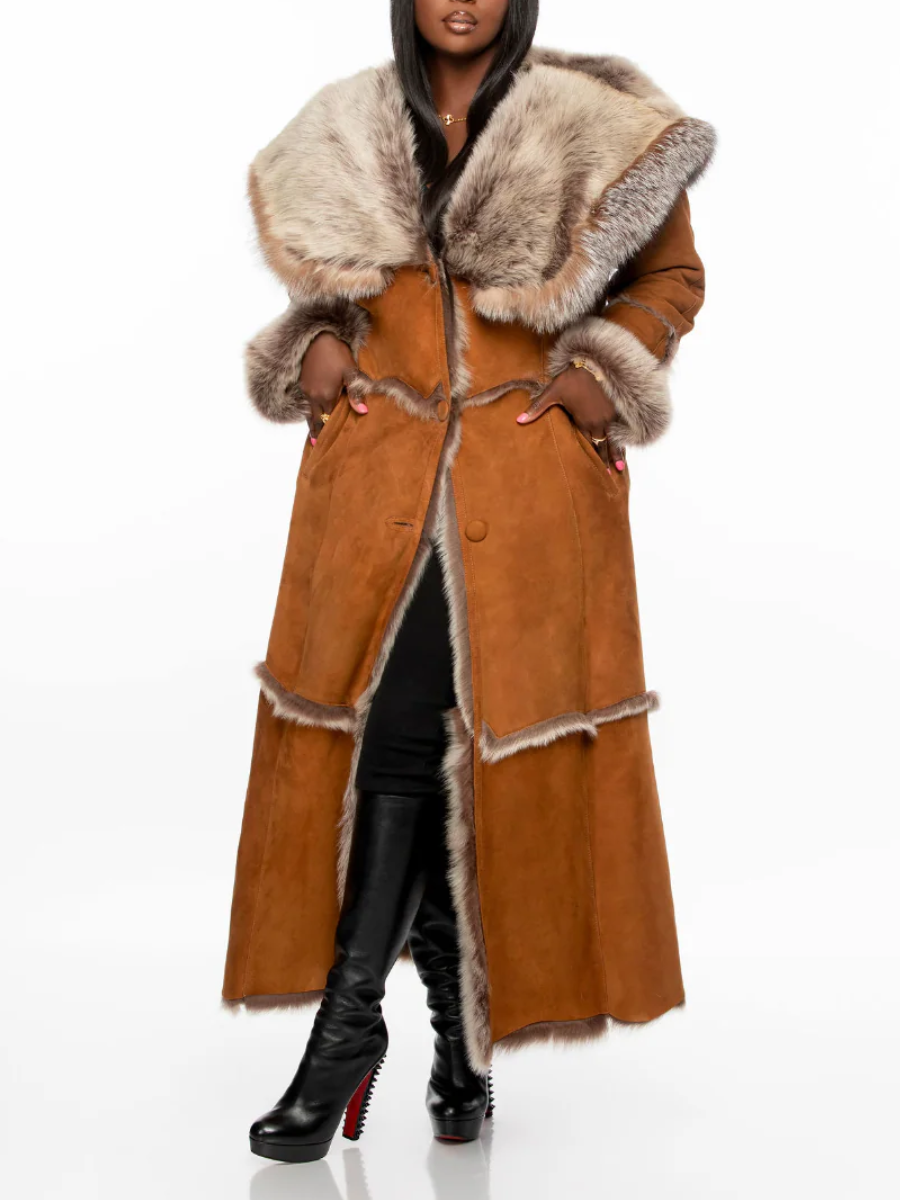 Caramel Suede Long Coat With Oversized Faux Fur Hood Trim | US Free Shipping