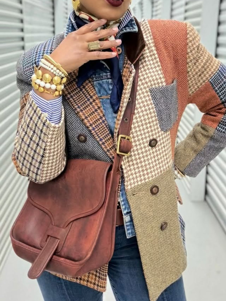Patchwork Plaid & Denim Blazer