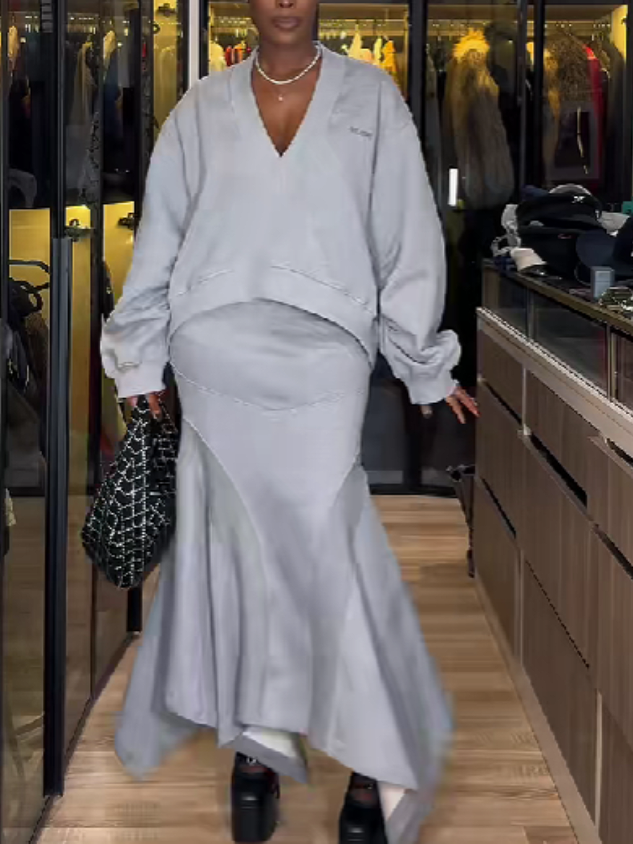 Solid Color V-Neck Top Hip Skirt Set