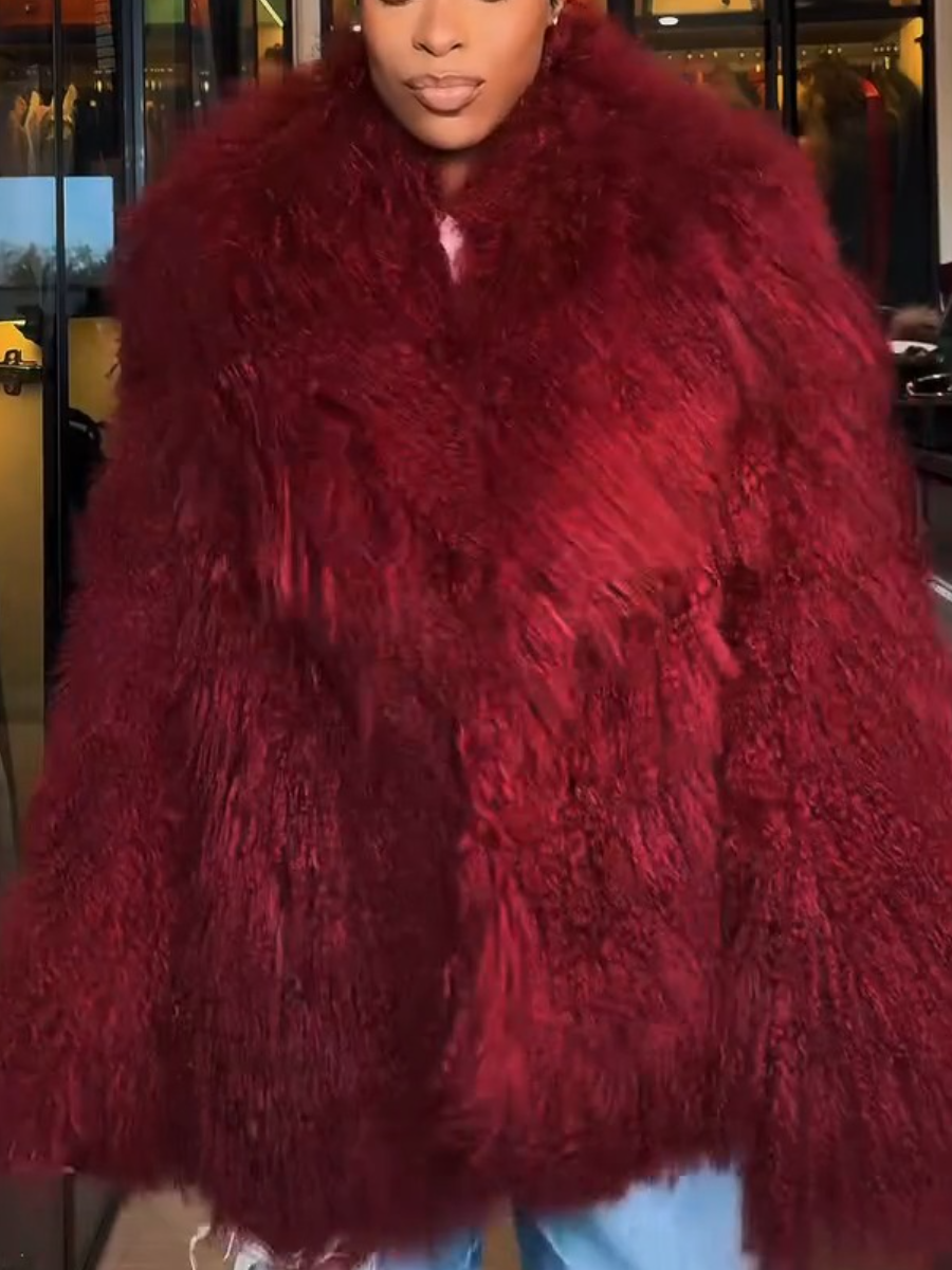Burgundy Oversized Fluffy Shearling Coat
