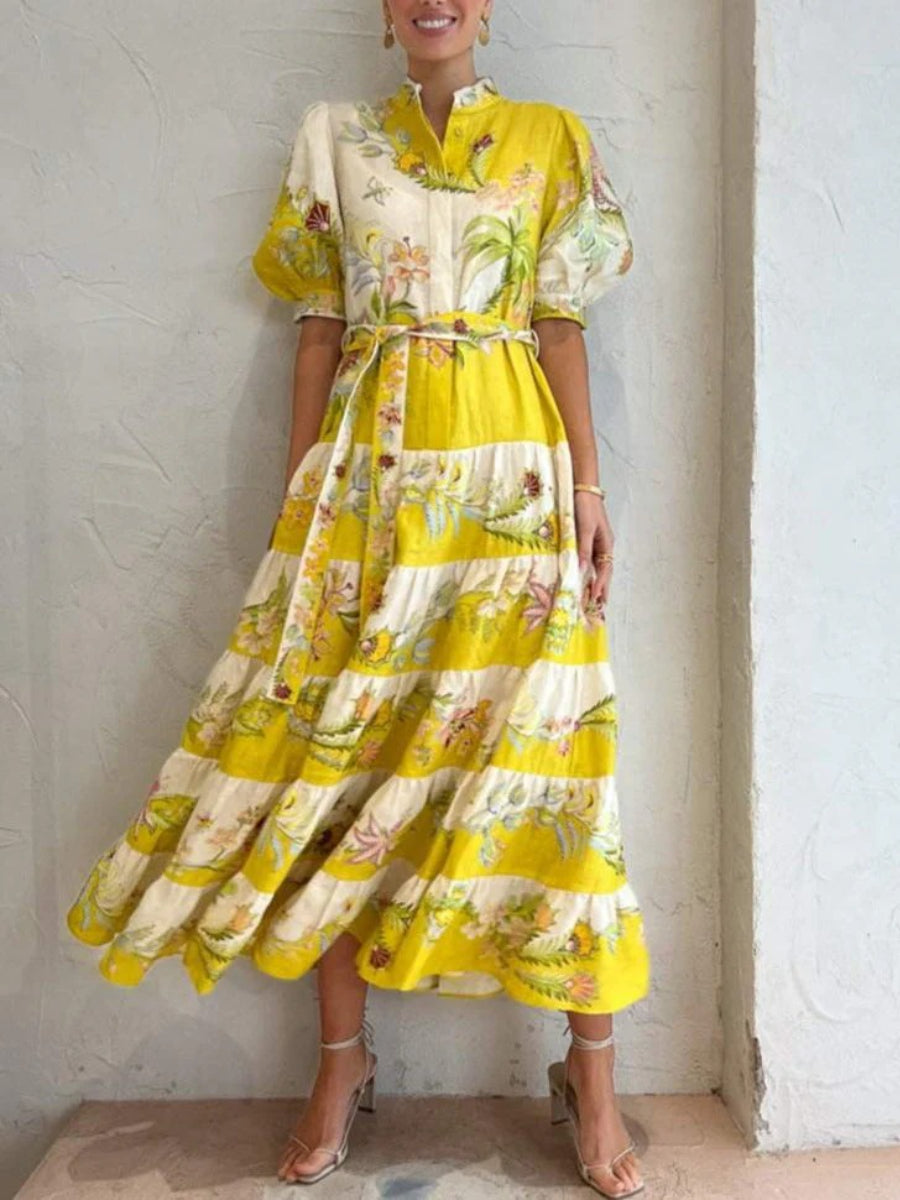 The Tiered Midi Dress in Lemon / Cream